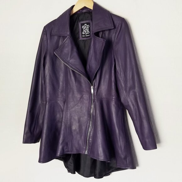 Real 100% Genuine Leather Peplum Long Sleeves Asymmetric Jacket M Purple - Picture 6 of 16